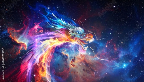A vibrant, cosmic dragon amidst swirling nebula clouds