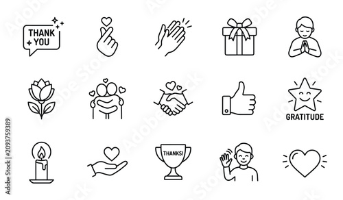 Gratitude and thankfulness line art icon set for appreciation with gratitude