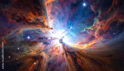 A vibrant cosmic explosion with swirling orange, blue, and purple gas and dust