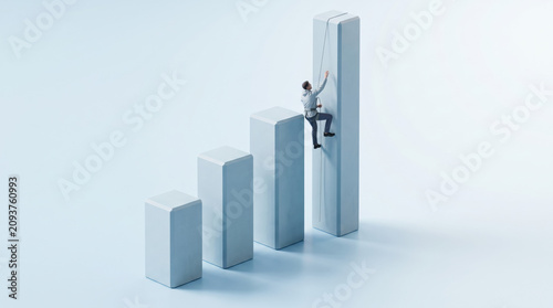 Conceptual business illustration featuring an executive climbing a ladder beside rising graph columns, symbolizing business growth, career development, leadership, success and financial progress