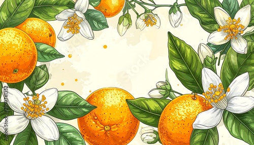 A vibrant floral border of citrus fruits and blossoms on a beige background