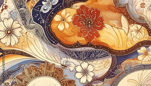 A vibrant floral design with intricate patterns and swirling shapes in shades of orange, blue, and white
