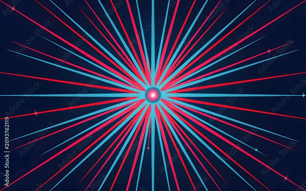 Fototapeta premium Abstract background with red and cyan radial lines bursting from a central point