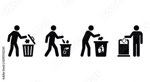 Person Disposing Of Trash In Bin Pictograms Four Stages Black Silhouette waste