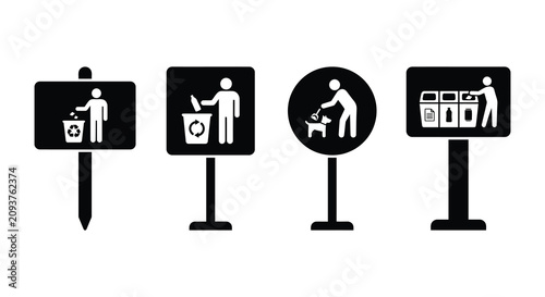 Recycling And Waste Disposal Pictograms With Stands Black Silhouette management bin trash