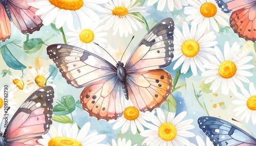 A vibrant floral pattern featuring butterflies and daisies on a soft blue background