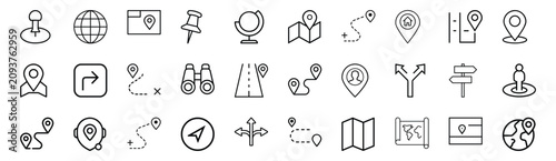 Foto Map navigation line icons set with gps location pin, world globe, travel route path, destination marker & more vector illustration with editable stroke