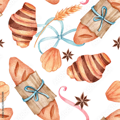 Foto Watercolor Seamless Bakery Pattern with Croissants, French Bread and Wheat
Hand-