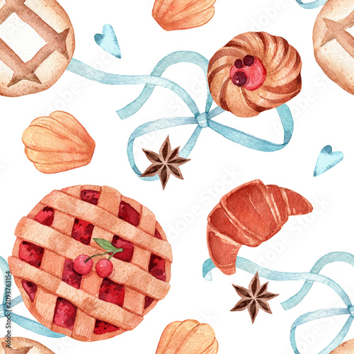 Bild auf Leinwand Watercolor Seamless Bakery Pattern with Cherry Pie, Croissant and Pastries
Hand-