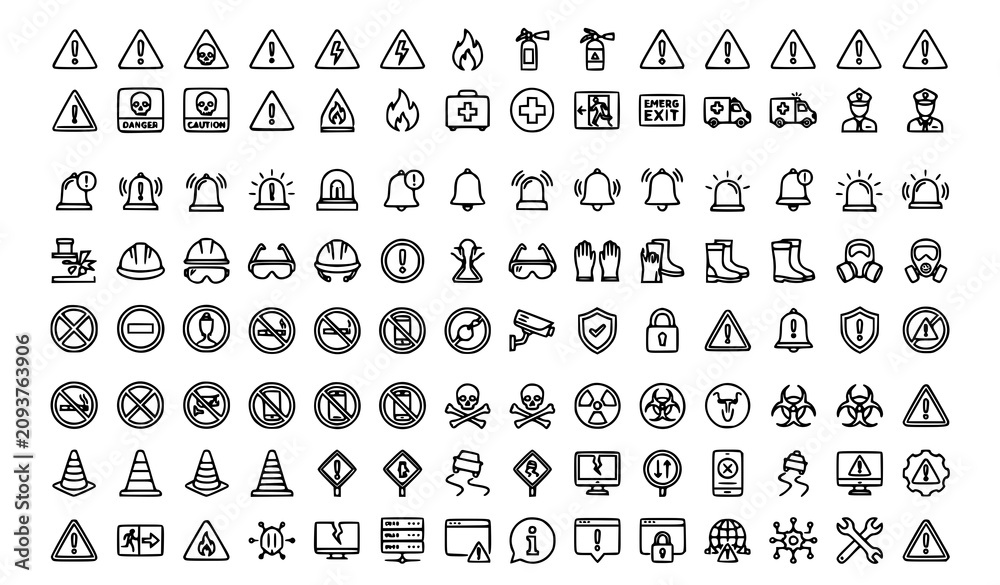 Obraz premium Safety Warning and Notification Outline Icons Collection with Alert Hazard and Emergency Symbols