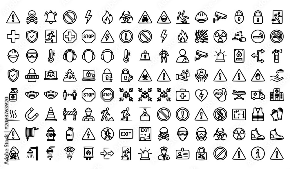 Fototapeta premium Modern Warning Line Art Icon Pack Featuring Alert Safety Notification and Caution Symbols