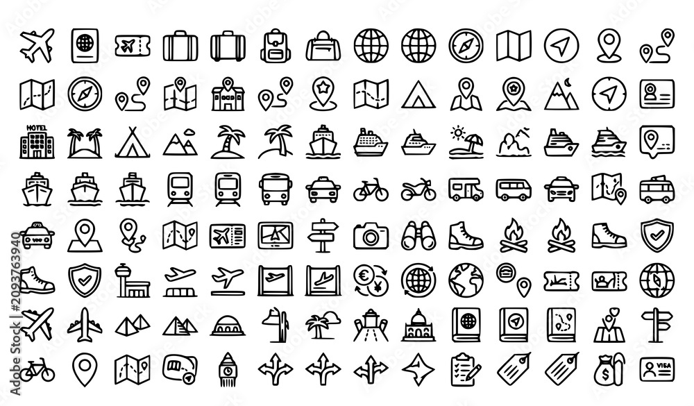 Fototapeta premium Simple Travel and Tourism Line Icons Set with Transportation Adventure Navigation and Vacation Symbols