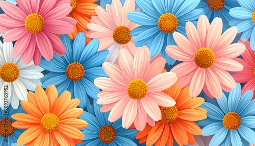 A vibrant floral pattern featuring numerous colorful flowers