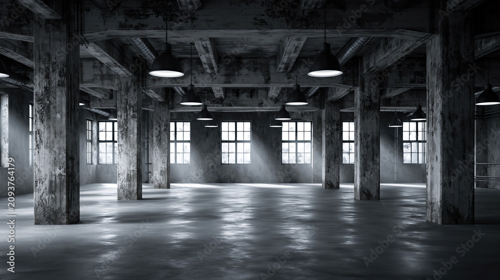 Obraz premium Dark, Industrial Warehouse Interior with Concrete Columns, Large Windows, and Overhead Lighting