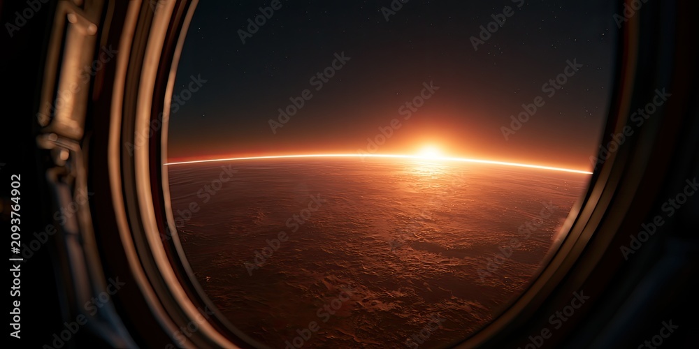 Fototapeta premium View through a spacecraft window shows a fiery sunrise illuminating a distant planet