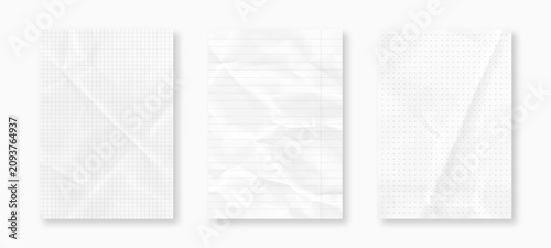 Set of crumpled A4 paper sheets. Graph, lined and dotted notebook paper with realistic texture. Blank notebook page template with lines and squares. Vector