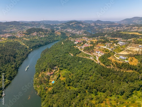 Aerial view of Douro valley and vineyards in the hills, Porto, Portugal. 
