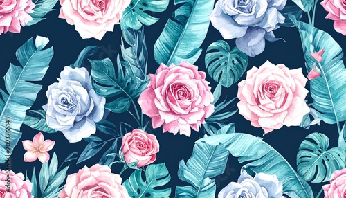 A vibrant floral pattern featuring roses and tropical leaves on a dark background