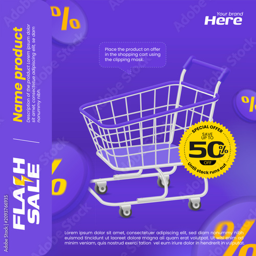 Modern flash sale post template for social media with shopping cart.