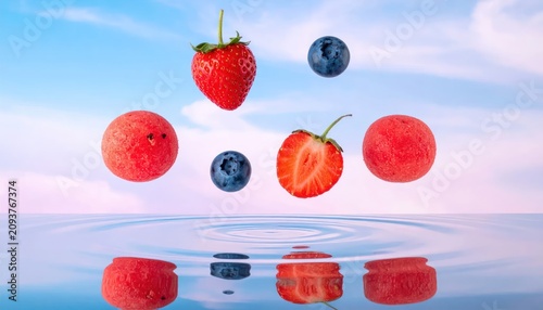 Floating strawberries and blueberries above blue water surface.