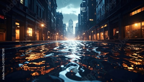 Flooded city street reflecting neon lights at night.