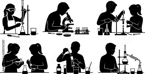 Set of silhouettes of students conducting science experiments in laboratory vector illustration