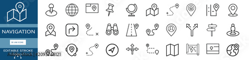 Foto Navigation outline symbols set with travel route path, gps location marker, world globe view, street address pin & more vector illustration with editable stroke