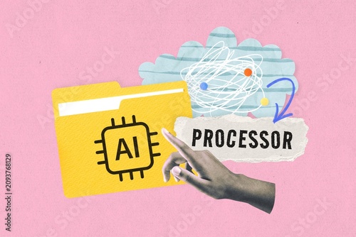 Valokuva Collage of AI processor concept with hand, folder, and abstract cloud
