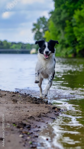 Black and white dog running on sandy beach.