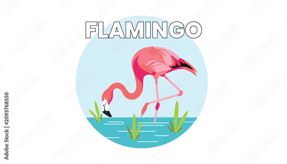 Obraz premium Beautiful pink flamingo standing on one leg in blue water surrounded by green reeds represents tropical fauna and animal logos.