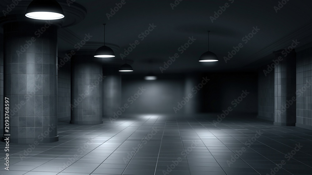 Obraz premium Dimly Lit Underground Hallway with Columns and Hanging Pendant Lights