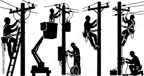 Silhouettes of linemen working on utility poles and power lines vector illustration