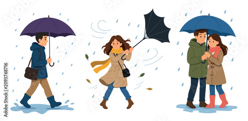 Vászonkép Flat vector set of rainy weather scenes featuring a man walking with an umbrella, a woman battling strong wind, and a couple sharing shelter in the rain