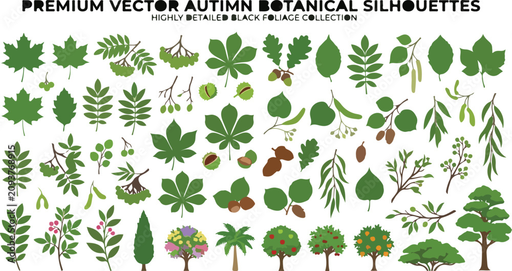 Obraz premium Green Tree Vector Collection Modern Botanical Landscape Nature Illustration Set