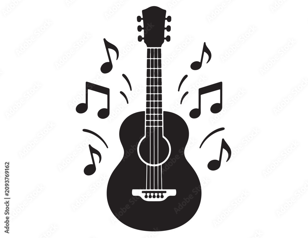 Obraz premium Acoustic guitar vector icon, musical instrument illustration, black silhouette guitar with music notes, creative design element for music-themed projects