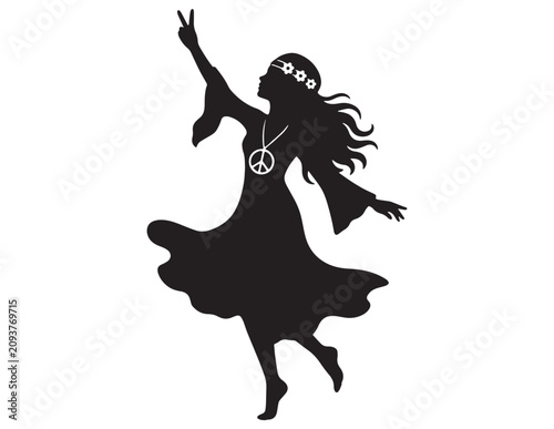 Bohemian hippie girl silhouette, free-spirited woman dancing, peace sign gesture, flower crown, vintage 60s 70s retro style, black vector graphic