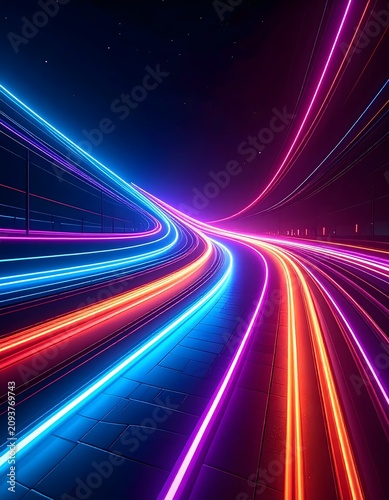 Abstract digital art of vibrant light streaks.