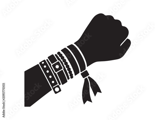 Black silhouette of a human arm with a raised fist, adorned with multiple stacked bracelets and a tied ribbon. A powerful symbol of protest, unity, and empowerment