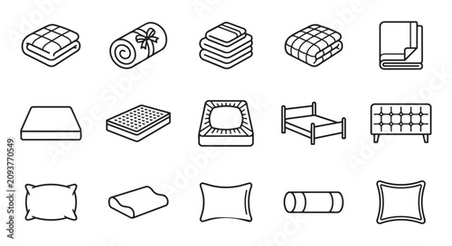 Bedding and sleep accessories line icon set for bedroom and interior design with blankets mattress furniture
