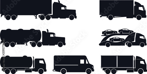 Fotografie Commercial Truck and Delivery Vehicle Silhouette Vector Set Featuring Semi Trail