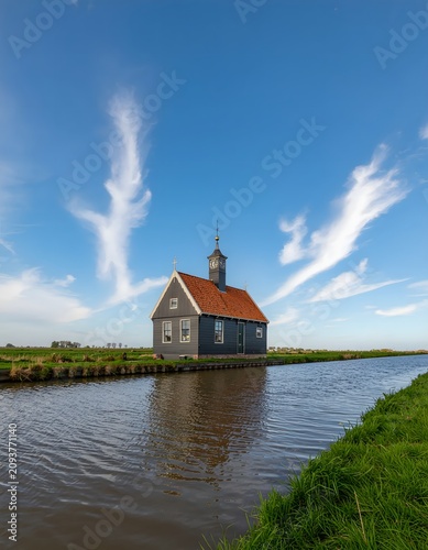 Serene waterfront cottage with blue sky and clouds.