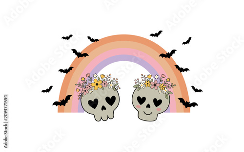 Whimsical halloween skulls with floral crowns and rainbow spooky yet sweet illustration for festive designs