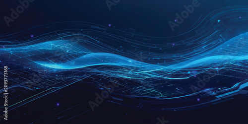 Photos Fluid blue light waves flowing over dark digital grid representing futuristic internet connectivity and data streams
