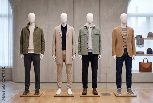 Male mannequins displaying modern menswear fashion collection