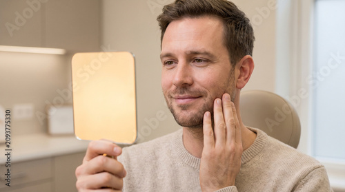 Satisfied man looking in mirror after cosmetic treatment