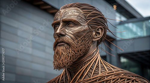 Wireframe bronze sculptural biomechanical portrait of bearded man with flowing hair and textured surface expressing contemplative mood