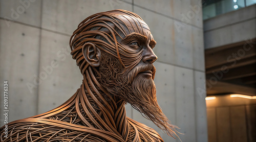 Sculptural biomechanical portrait formed from intertwined metallic strands depicting bearded male profile with intricate braided textures and warm