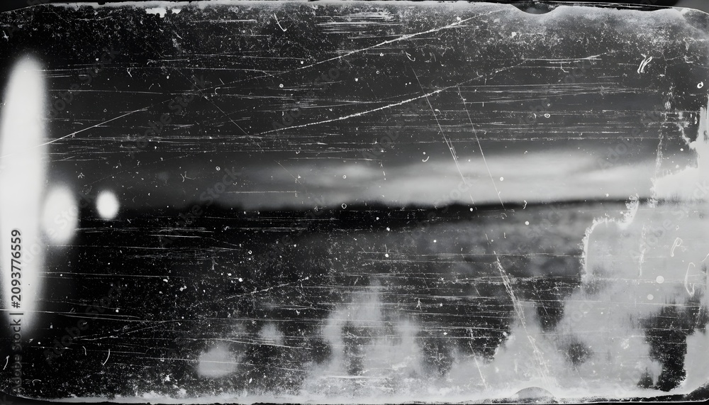 Obraz premium Old film texture with scratches, noise and light leaks. Realistic transparent overlay film texture in black-white, dust and grain. Distressed retro movie or photo negative effect of cinema ...