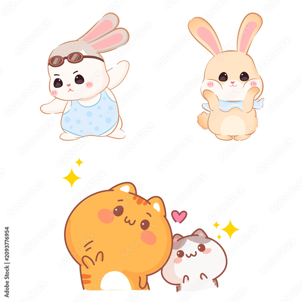 Fototapeta premium Adorable Kawaii Animal Sticker Collection Featuring Cute Rabbits and Playful Cats with Cheerful Expressions for Creative Decor