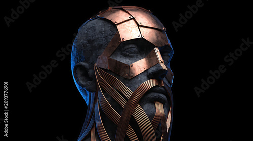 Armored stone bust with copper plate mask and braided metal beard, dramatic lighting and dark background evoking strength and mystery